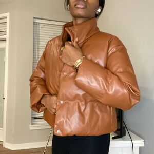 A New Day Women's Tan Puffer Faux Leather Jacket